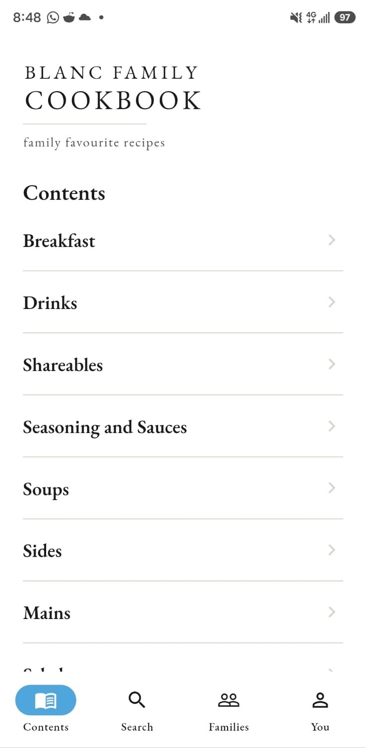 The contents page, listing Breakfast, Drinks, Shareables and the rest