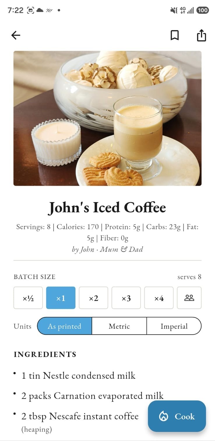 John's Iced Coffee with the batch size and units controls