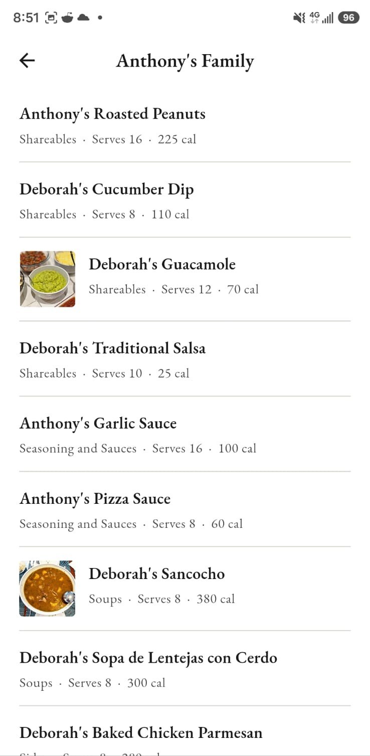 Anthony's Family recipes, each with a thumbnail