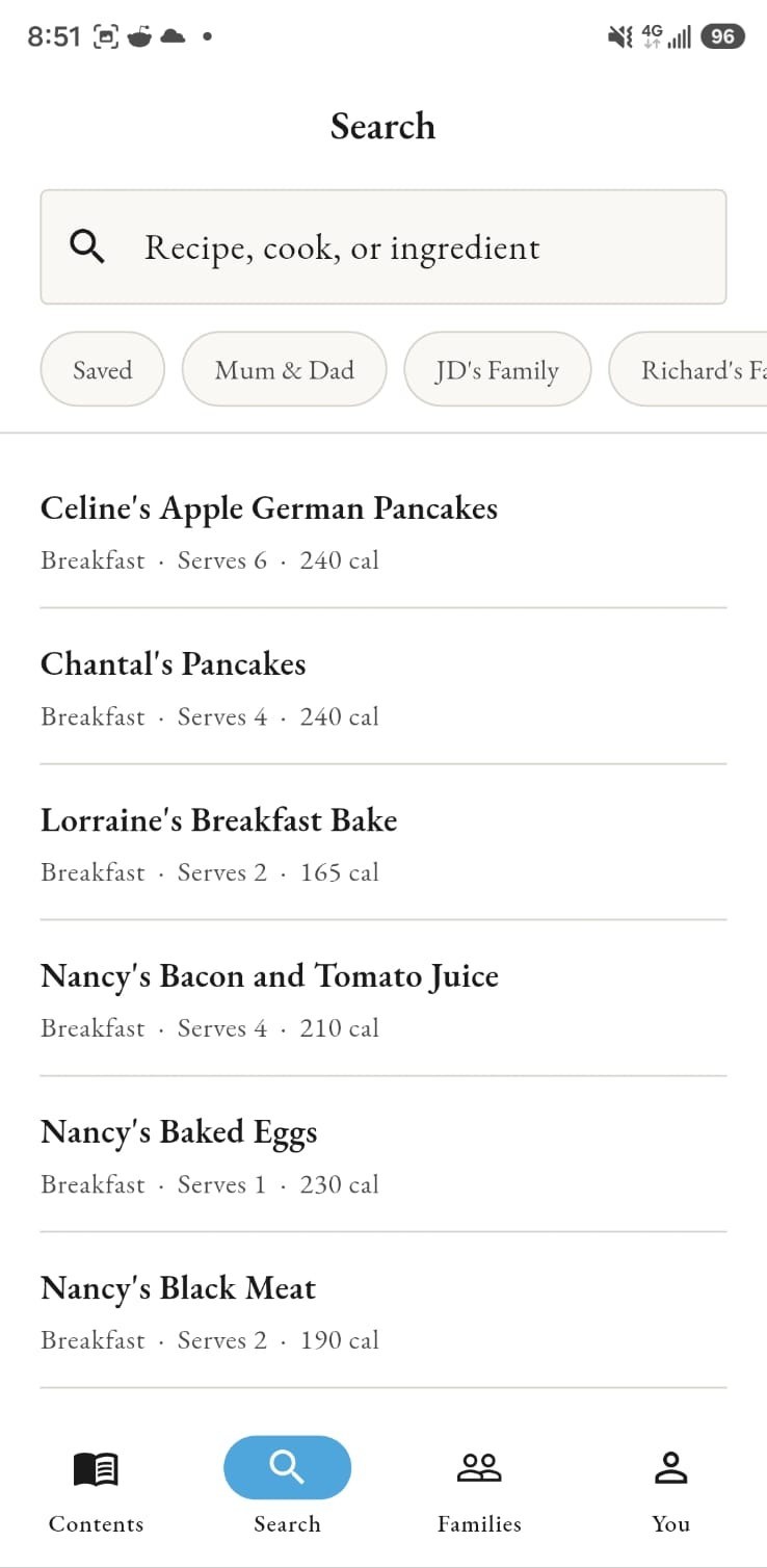 The search screen with filters for family and saved recipes